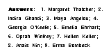 Text Box: Answers:&nbsp; 1. Margaret Thatcher; 2. Indira Ghandi; 3. Maya Angelou; 4. Georgia O�Keefe; 5. Emelia Ehrhart; 6. Oprah Winfrey; 7. Hellen Keller; 8. Anais Nin; 9. Erma Bombeck 
