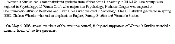 Text Box:    Womens Studies had 5 minor students graduate from Weber State University in 2007/08:  Lisa Araujo who majored in Psychology; L Wanda Croft who majored in Psychology, Nicholas Dragon who majored in Communications/Public Relations and Ryan Cheek who majored in Sociology.  One BIS student graduated in spring 2008, Chelsea Wheeler who had an emphasis in English, Family Studies and Womens Studies.  
   On May 6, 2008, several members of the executive council, faulty and supporters of Womens Studies attended a dinner in honor of the five graduates.  
 
 
 
